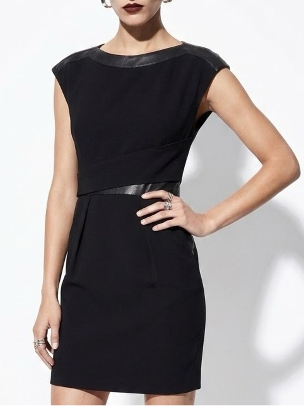 🌺 The Kooples Black Leather Trim Cap Sleeve Dress Size 36 (US Size 4/Small)